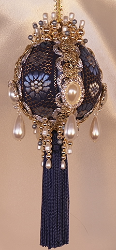 Victorian Christmas Tree Ornament in Royal Blue and Gold with Pearl Teardrops